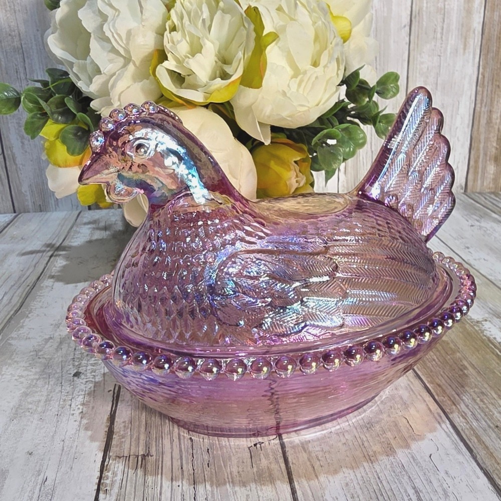 Vintage Indiana Glass Hen on Nest 7' Pink Carnival Glass Iridescent Candy Dish